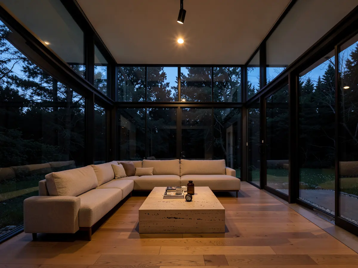 A double-height living room with a glass wall onto woodland at dusk (illustrative, generated).
