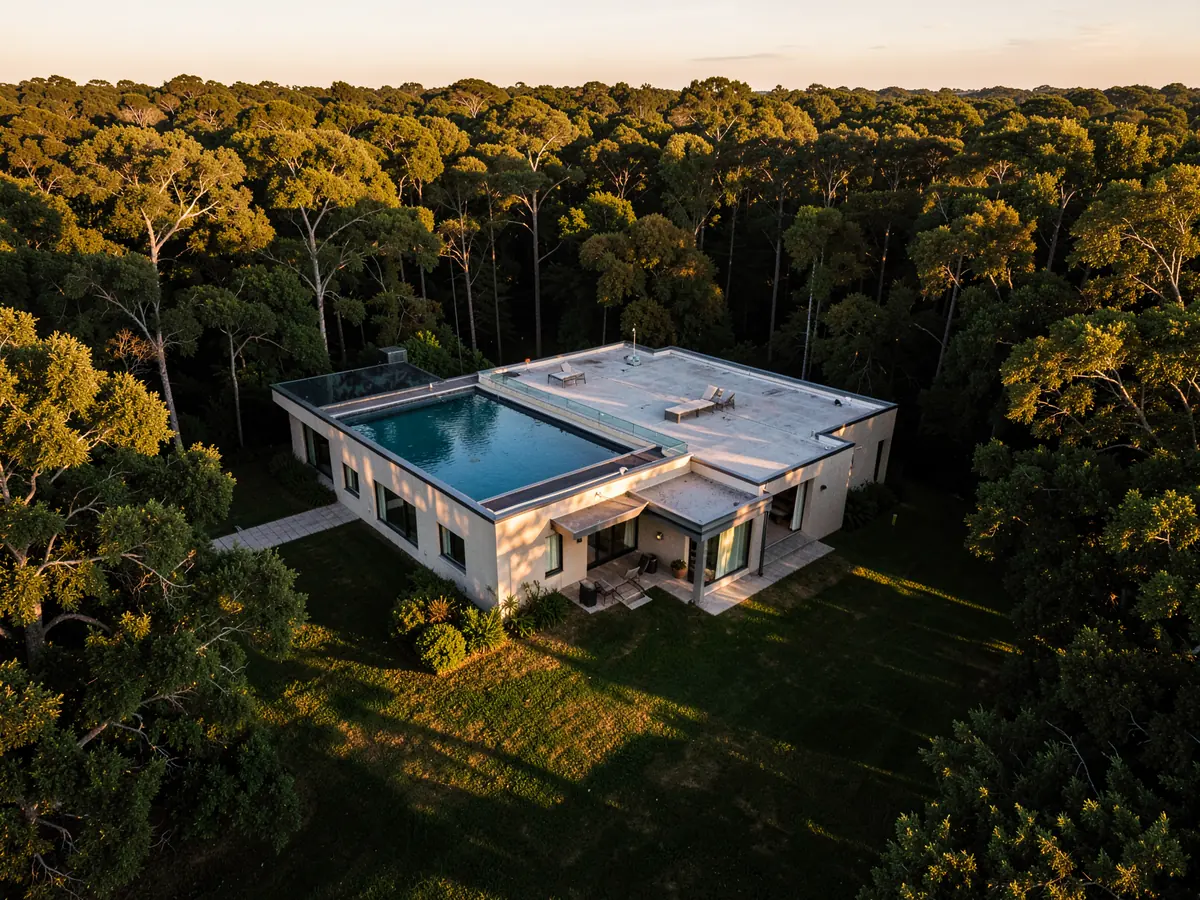 An aerial view of a modern house among woodland at golden hour (illustrative, generated).