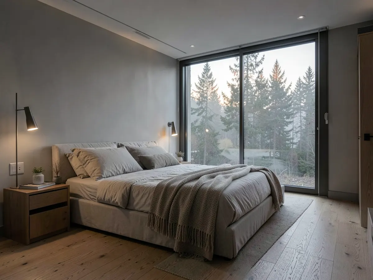 A bedroom with a glass wall onto misty pine forest at dawn (illustrative, generated).