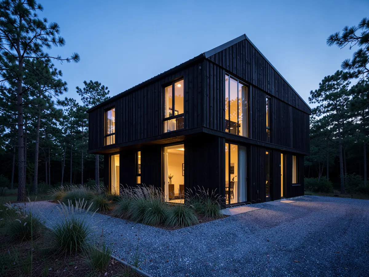 A charred-timber modern house with a cantilevered upper floor at blue hour (illustrative, generated).