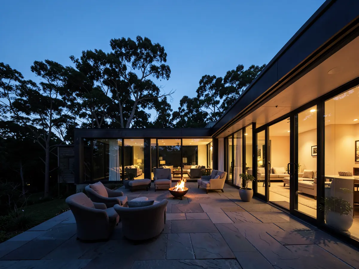 A lit terrace with a fire bowl behind a glass house at dusk (illustrative, generated).