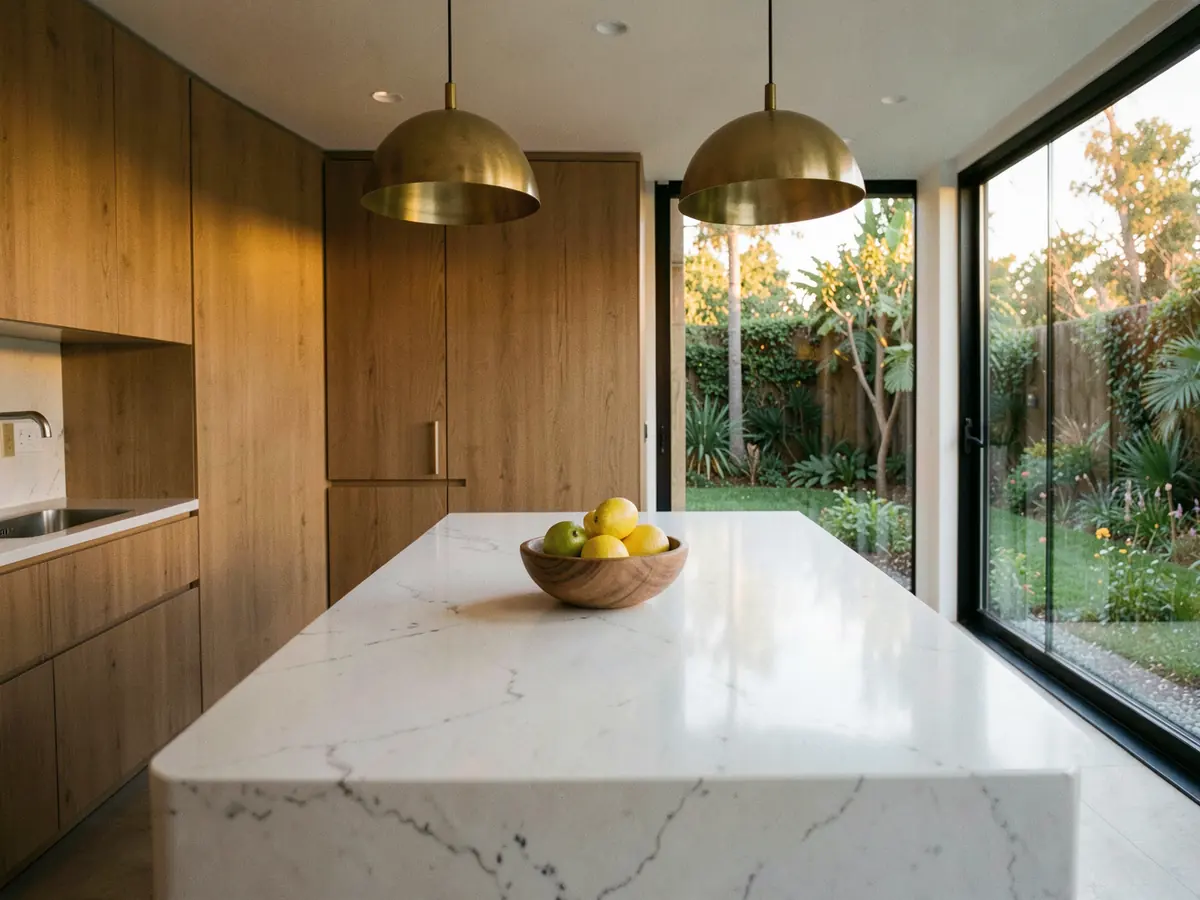 A marble-island kitchen opening onto a garden at golden hour (illustrative, generated).